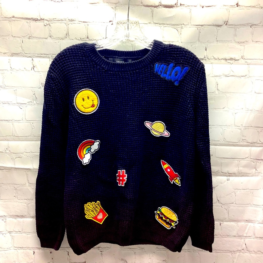 Forever 21 Black Knit Sweater‎ Size Small Rainbow Hamburger Fries Moon Patches